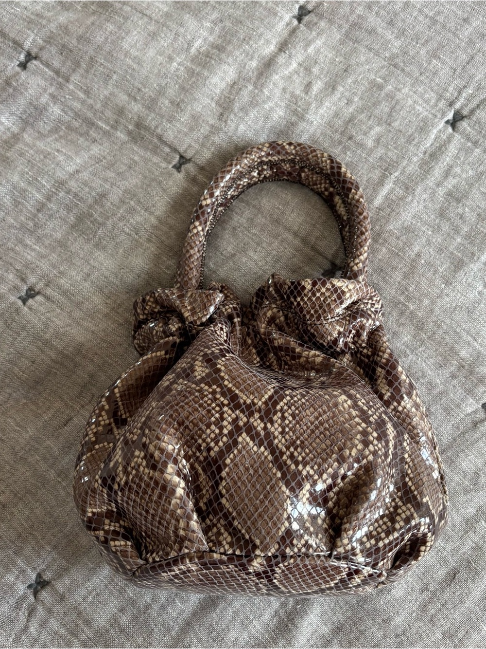 STAUD Brown Snake-Print Mini Top Handle Bag